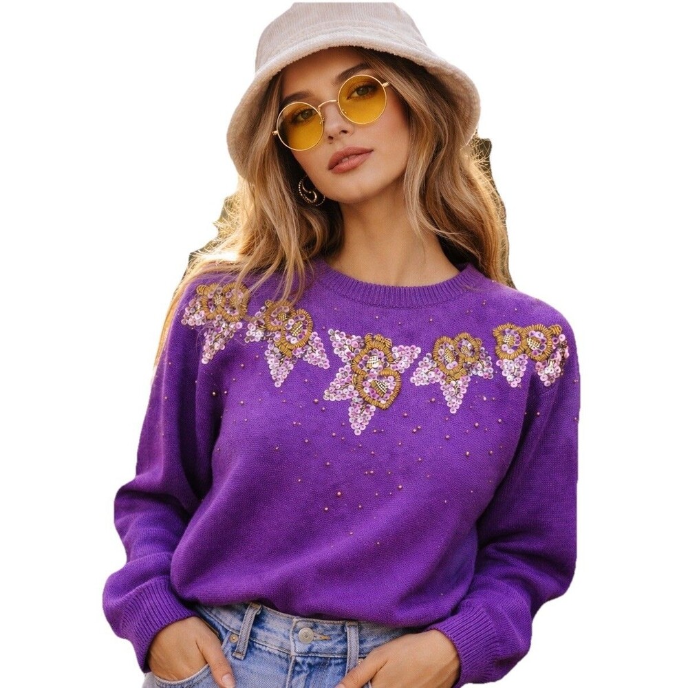 Vintage Dana Scott Amethyst Beaded Sweater Floral Knit Women S - Picture 16 of 16